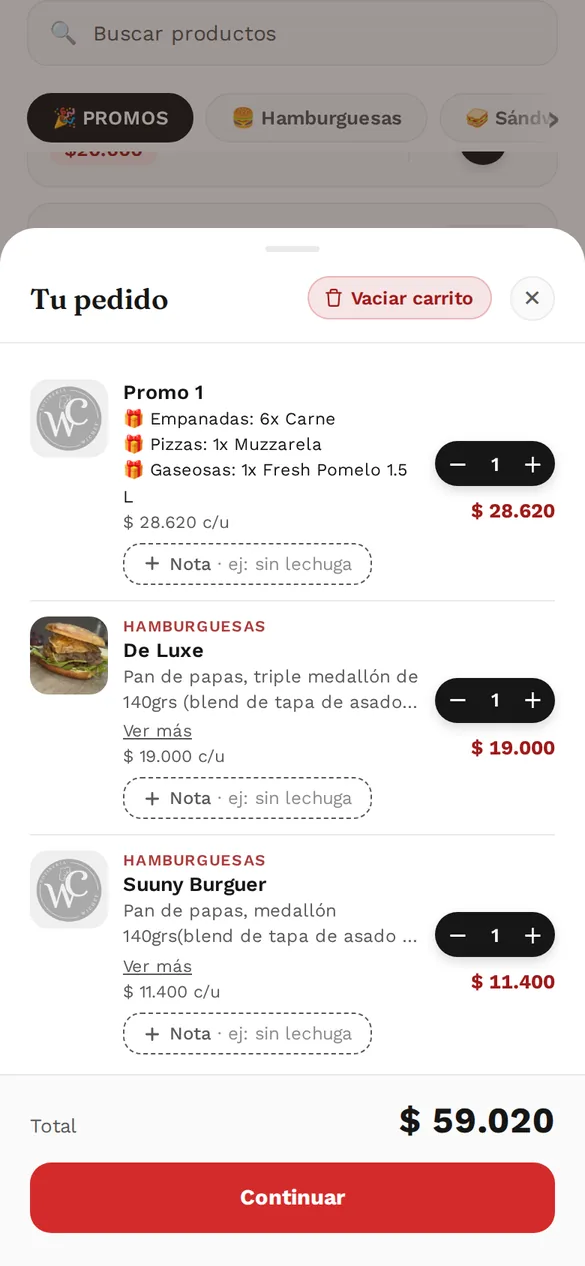 Carrito con el pedido y el total a pagar