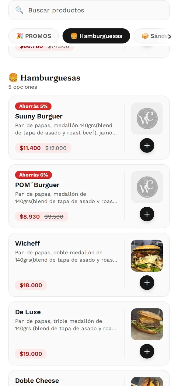 Hamburguesas con fotos y precios en el menú de Wicheff